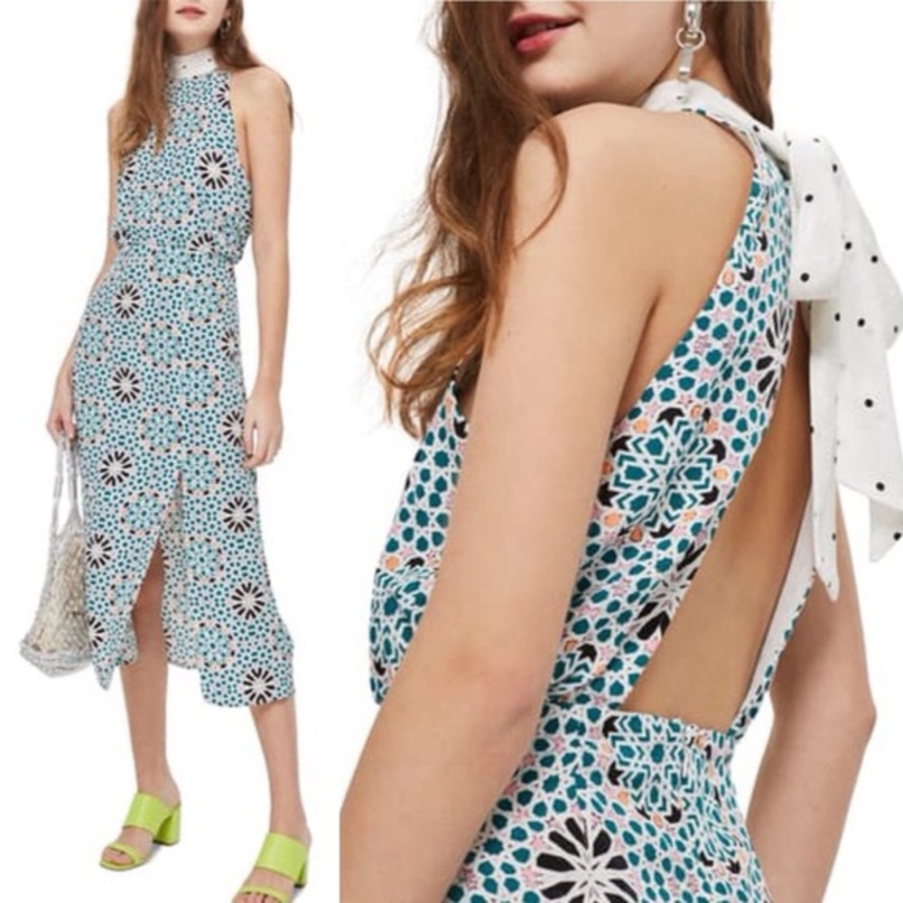 Topshop Geo Tie Neck Sleeveless Midi Halter Dress NWOT